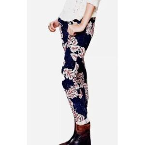 Free People Floral Print Blue ivory orange Corduroy Pants Jeans 28 Raw‎ Hem